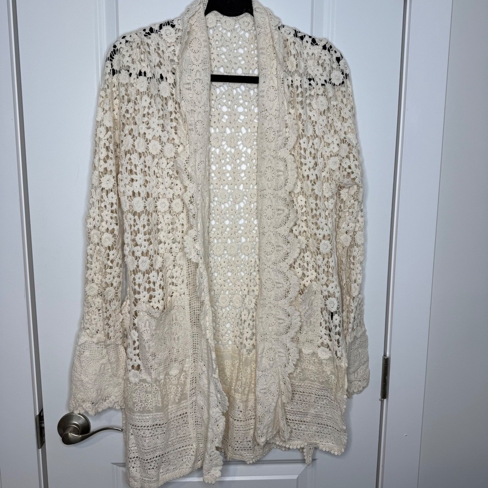 Pretty Persuasions Cream Floral Lace Crochet Open Front Duster Cardigan ML NWT